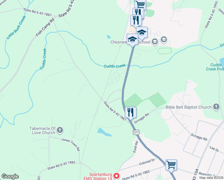 map of restaurants, bars, coffee shops, grocery stores, and more near 122 Mossburg Road in Chesnee