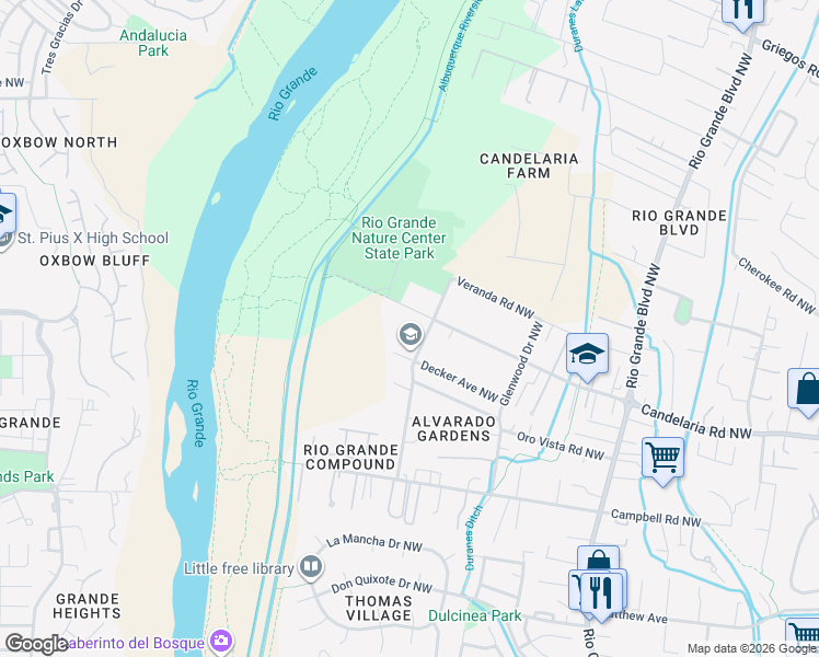 map of restaurants, bars, coffee shops, grocery stores, and more near 3001 Trellis Drive Northwest in Albuquerque