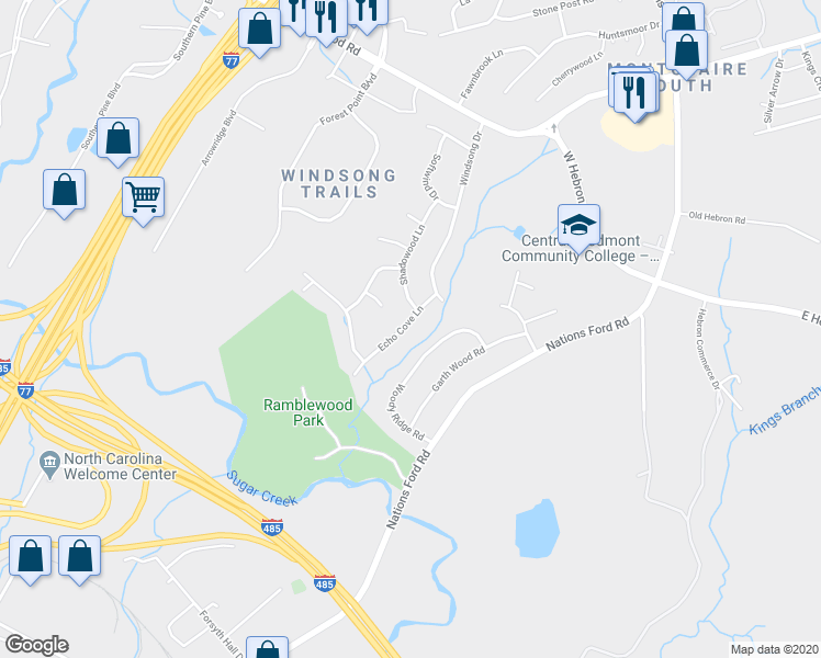 map of restaurants, bars, coffee shops, grocery stores, and more near 625 Echo Cove Lane in Charlotte