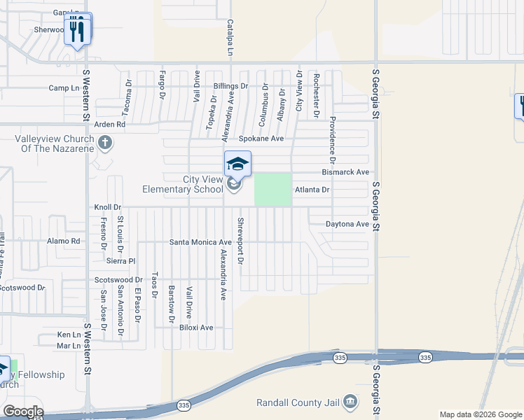 map of restaurants, bars, coffee shops, grocery stores, and more near 7904 Knoxville Drive in Amarillo