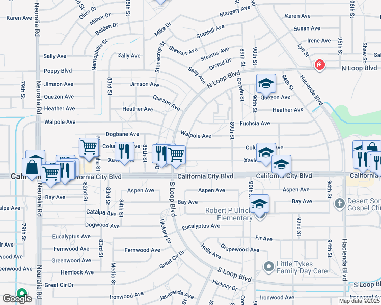 map of restaurants, bars, coffee shops, grocery stores, and more near 8708 Columbine Avenue in California City