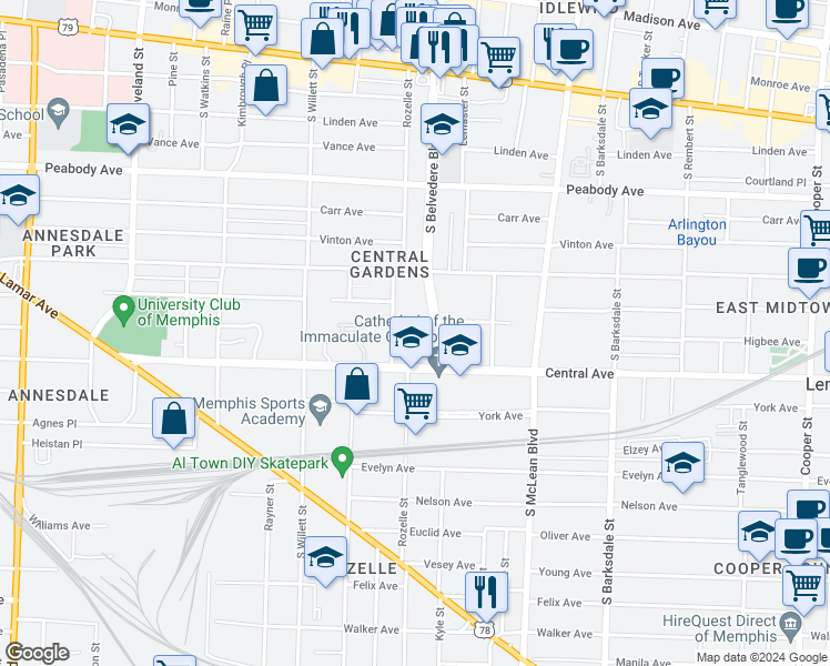 map of restaurants, bars, coffee shops, grocery stores, and more near 696 Saint Augustine Square in Memphis