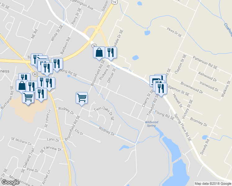 map of restaurants, bars, coffee shops, grocery stores, and more near 2183 Young Road Southeast in Cleveland