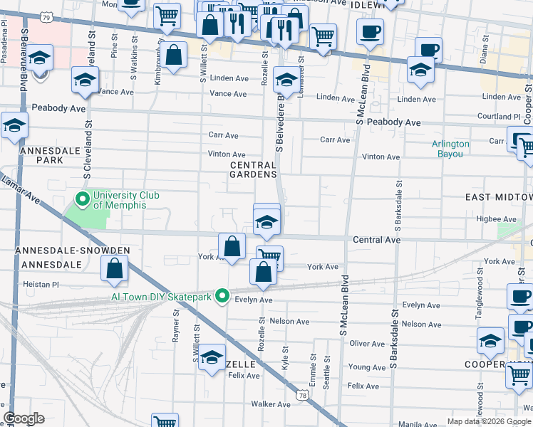 map of restaurants, bars, coffee shops, grocery stores, and more near 700 St. Augustine Square in Memphis