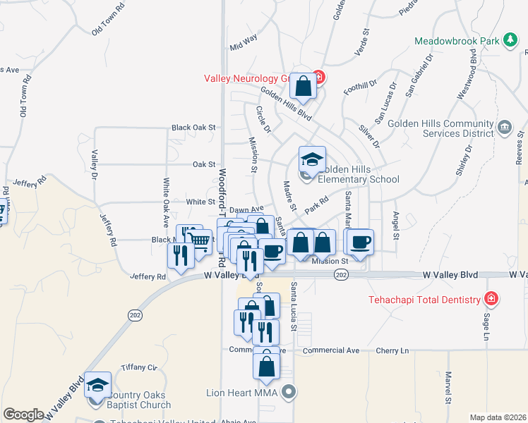 map of restaurants, bars, coffee shops, grocery stores, and more near 21201 Mission Street in Tehachapi