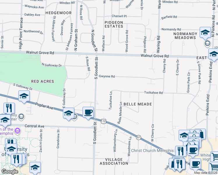 map of restaurants, bars, coffee shops, grocery stores, and more near 163 Tuckahoe Lane in Memphis