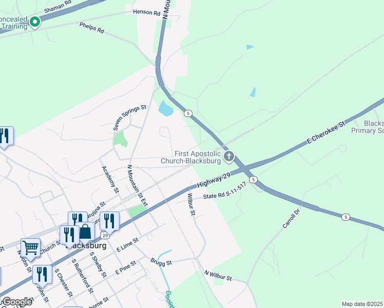 map of restaurants, bars, coffee shops, grocery stores, and more near 272 East Jones Street in Blacksburg