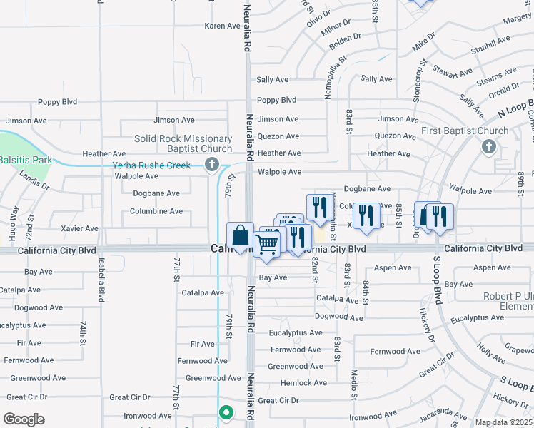 map of restaurants, bars, coffee shops, grocery stores, and more near 21130 Neuralia Road in California City