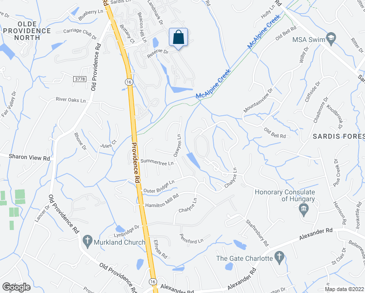 map of restaurants, bars, coffee shops, grocery stores, and more near 6215 Oxwynn Lane in Charlotte