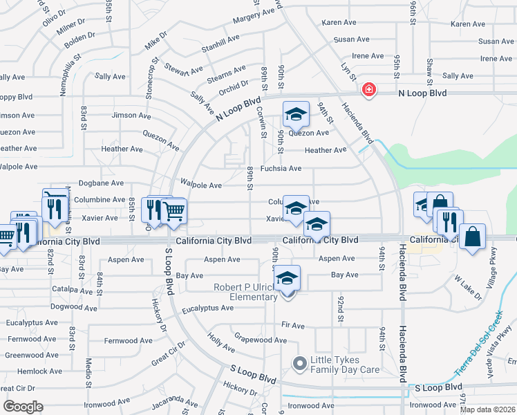map of restaurants, bars, coffee shops, grocery stores, and more near 8916 Xavier Avenue in California City