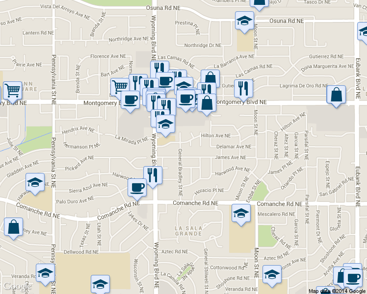 map of restaurants, bars, coffee shops, grocery stores, and more near 8509 James Avenue Northeast in Albuquerque
