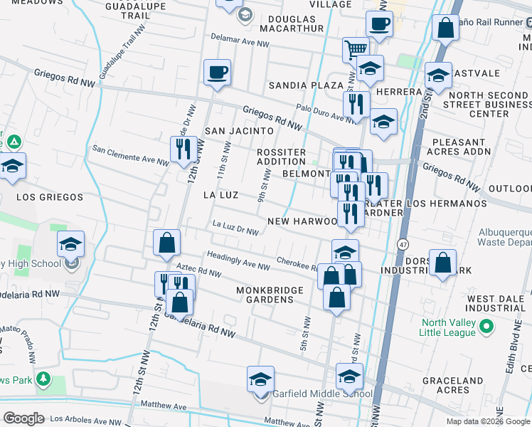 map of restaurants, bars, coffee shops, grocery stores, and more near 820 San Lorenzo Avenue Northwest in Albuquerque