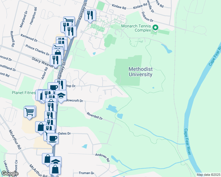 map of restaurants, bars, coffee shops, grocery stores, and more near 338 Tartan Court in Fayetteville