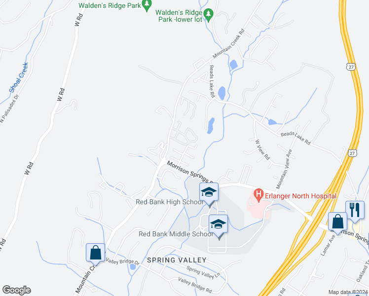 map of restaurants, bars, coffee shops, grocery stores, and more near 4053 Priceless View in Chattanooga