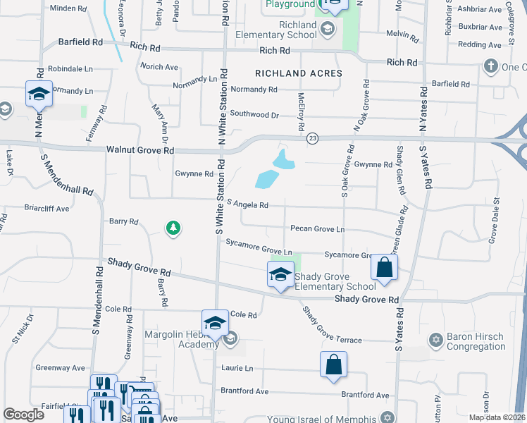 map of restaurants, bars, coffee shops, grocery stores, and more near 5322 Pecan Grove Lane in Memphis