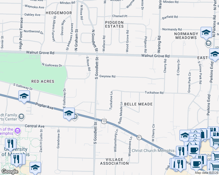 map of restaurants, bars, coffee shops, grocery stores, and more near 163 Tuckahoe Lane in Memphis