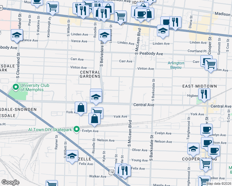 map of restaurants, bars, coffee shops, grocery stores, and more near 702 Anderson Street in Memphis
