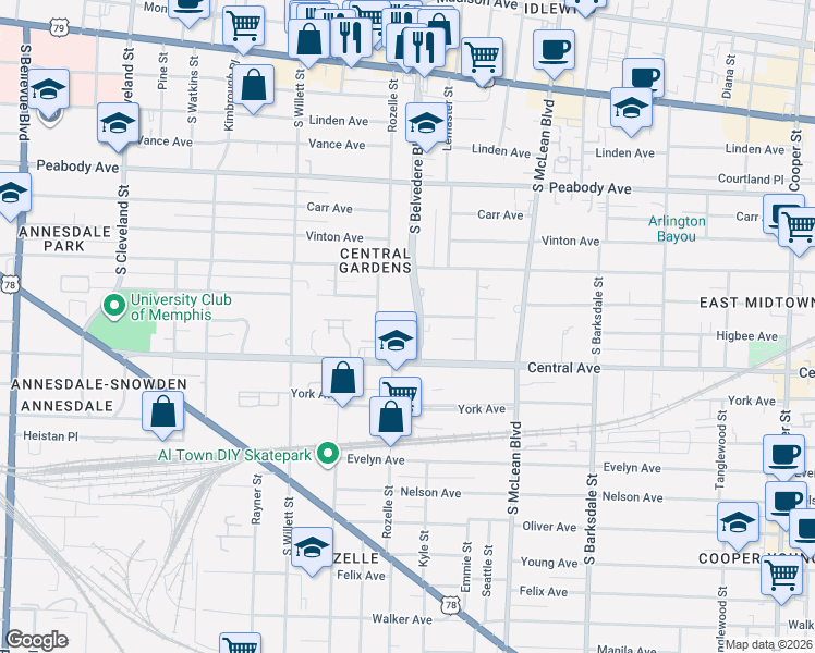 map of restaurants, bars, coffee shops, grocery stores, and more near 1683 Regents Park Drive in Memphis