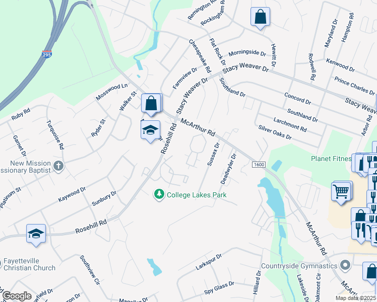 map of restaurants, bars, coffee shops, grocery stores, and more near 2540 McArthur Landing Circle in Fayetteville