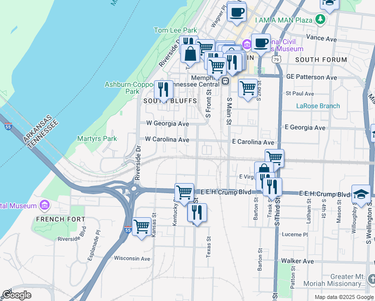 map of restaurants, bars, coffee shops, grocery stores, and more near 27 West Carolina Avenue in Memphis