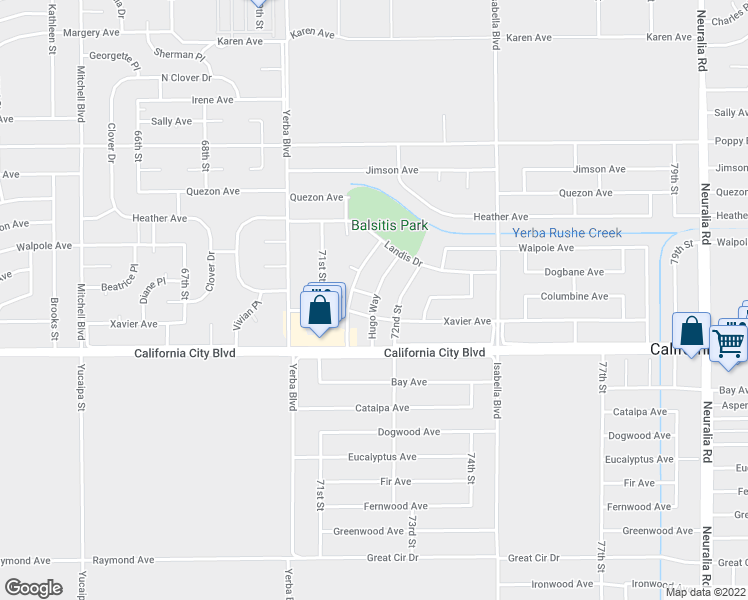 map of restaurants, bars, coffee shops, grocery stores, and more near Hugo Way in California City