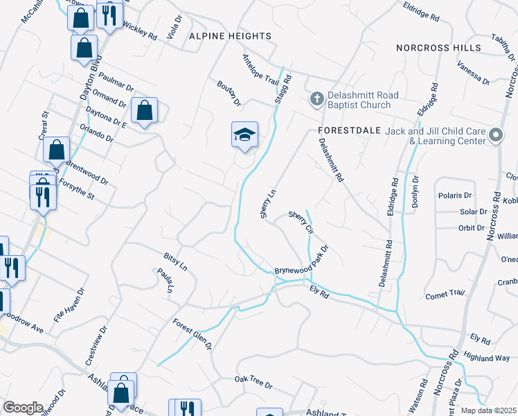 map of restaurants, bars, coffee shops, grocery stores, and more near 4541 Sherry Lane in Chattanooga
