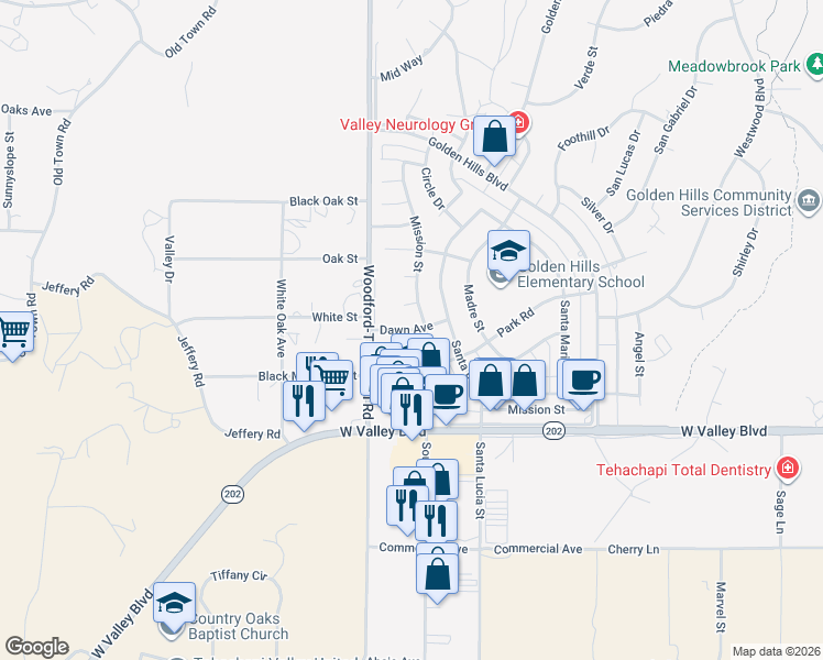 map of restaurants, bars, coffee shops, grocery stores, and more near Dawn Avenue in Tehachapi
