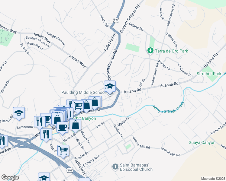 map of restaurants, bars, coffee shops, grocery stores, and more near 614 Harrison Street in Arroyo Grande