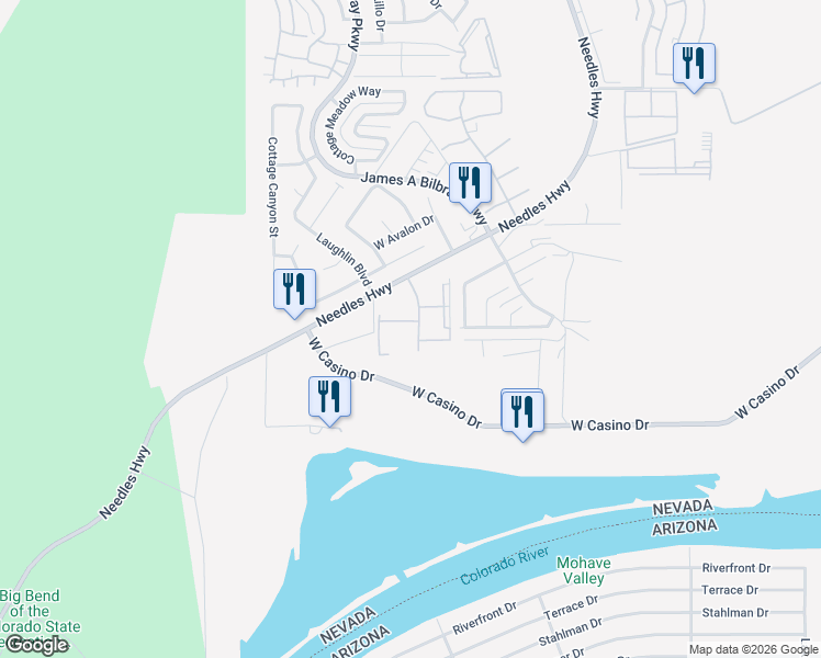 map of restaurants, bars, coffee shops, grocery stores, and more near 3819 Desert Marina Drive in Laughlin