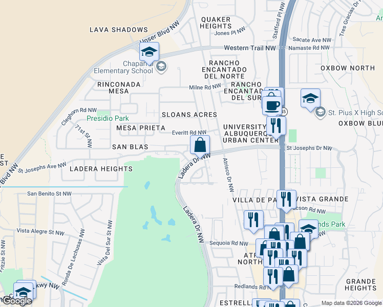 map of restaurants, bars, coffee shops, grocery stores, and more near 6208 Saint Josephs Avenue Northwest in Albuquerque