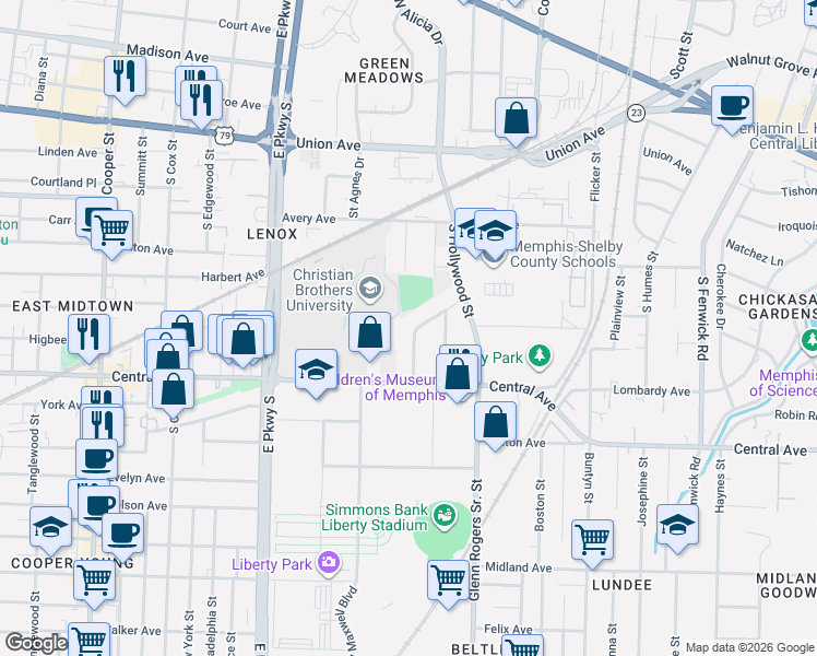 map of restaurants, bars, coffee shops, grocery stores, and more near 211 West Edwin Circle in Memphis
