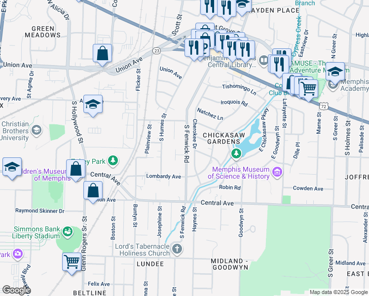 map of restaurants, bars, coffee shops, grocery stores, and more near 179 Cherokee Drive in Memphis