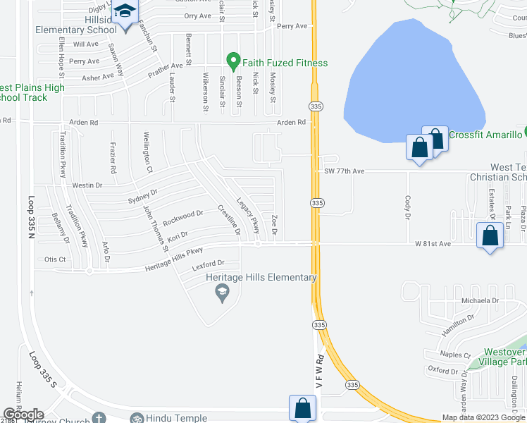 map of restaurants, bars, coffee shops, grocery stores, and more near Canton Court in Amarillo