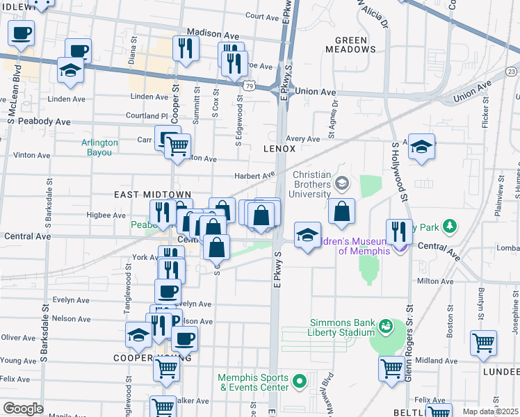 map of restaurants, bars, coffee shops, grocery stores, and more near 686 Landis Street in Memphis