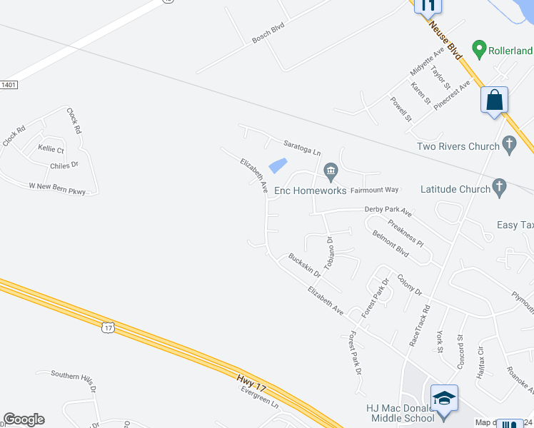 map of restaurants, bars, coffee shops, grocery stores, and more near 4016 Elizabeth Avenue in New Bern