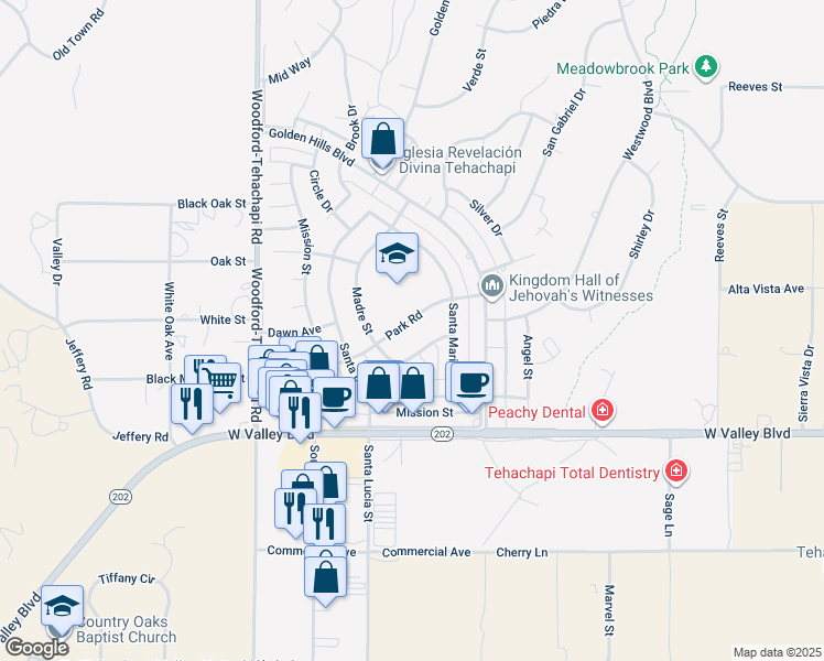map of restaurants, bars, coffee shops, grocery stores, and more near 20210 Park Road in Tehachapi