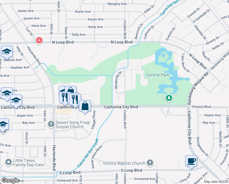 map of restaurants, bars, coffee shops, grocery stores, and more near 21009 Conklin Boulevard in California City