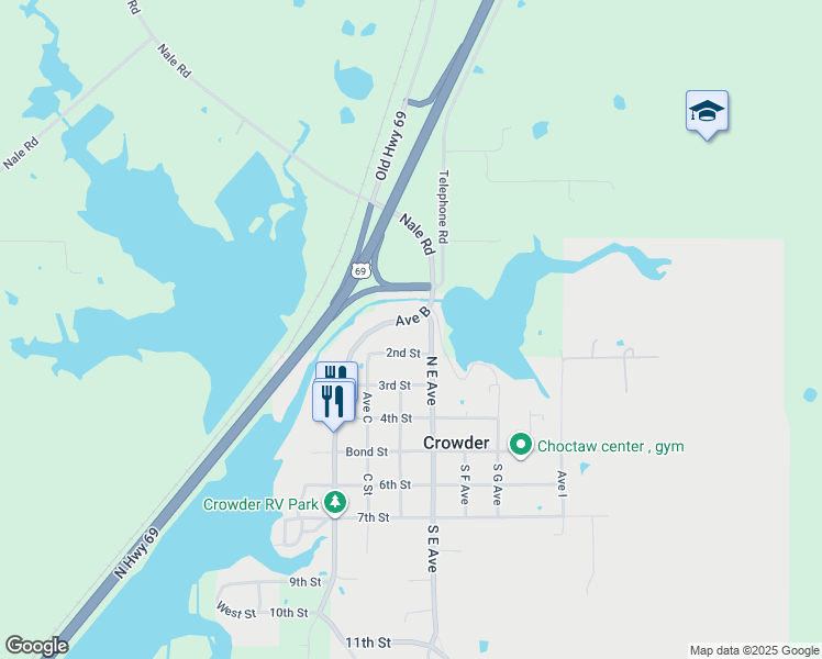 map of restaurants, bars, coffee shops, grocery stores, and more near 201 2nd Street in Crowder