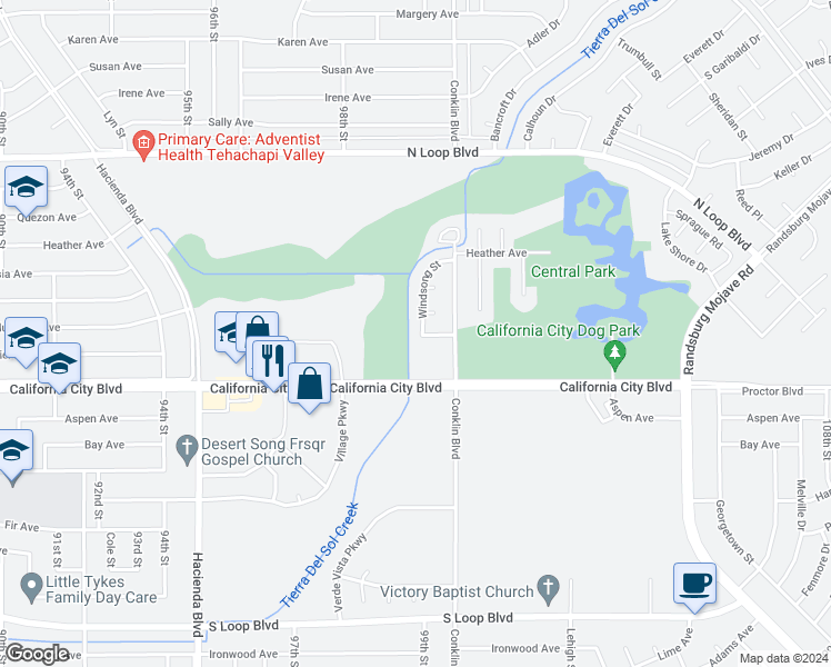 map of restaurants, bars, coffee shops, grocery stores, and more near 21109 Windsong Street in California City
