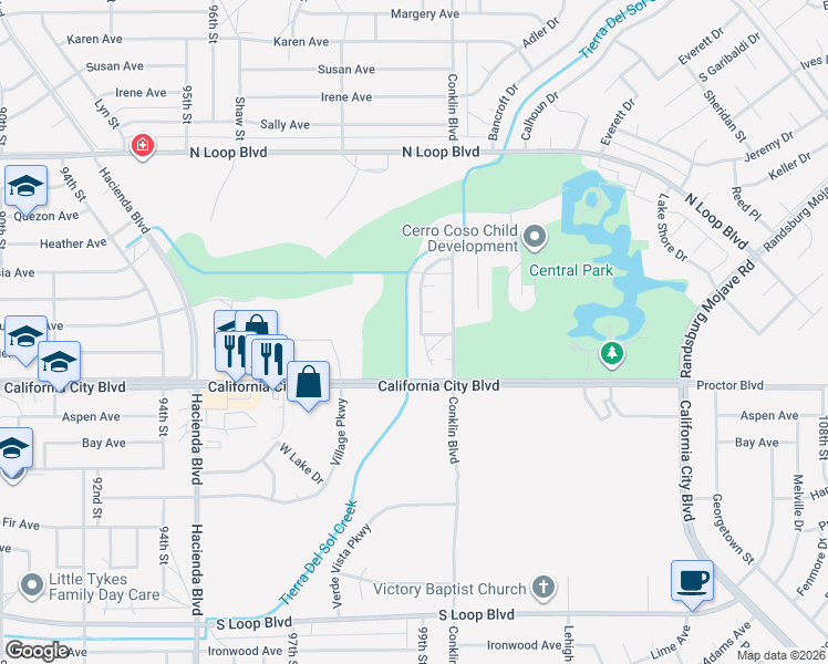 map of restaurants, bars, coffee shops, grocery stores, and more near 21109 Windsong Street in California City