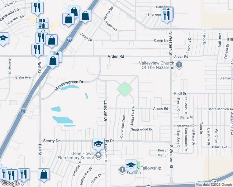 map of restaurants, bars, coffee shops, grocery stores, and more near 7910 Goodnight Trail in Amarillo
