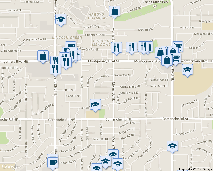 map of restaurants, bars, coffee shops, grocery stores, and more near 10309 Santa Paula Avenue Northeast in Albuquerque