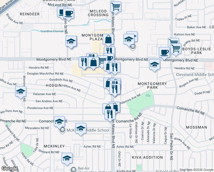 map of restaurants, bars, coffee shops, grocery stores, and more near 4001 San Mateo Boulevard Northeast in Albuquerque