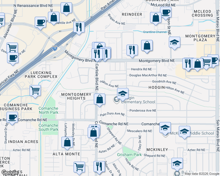 map of restaurants, bars, coffee shops, grocery stores, and more near 3813 Delamar Avenue Northeast in Albuquerque
