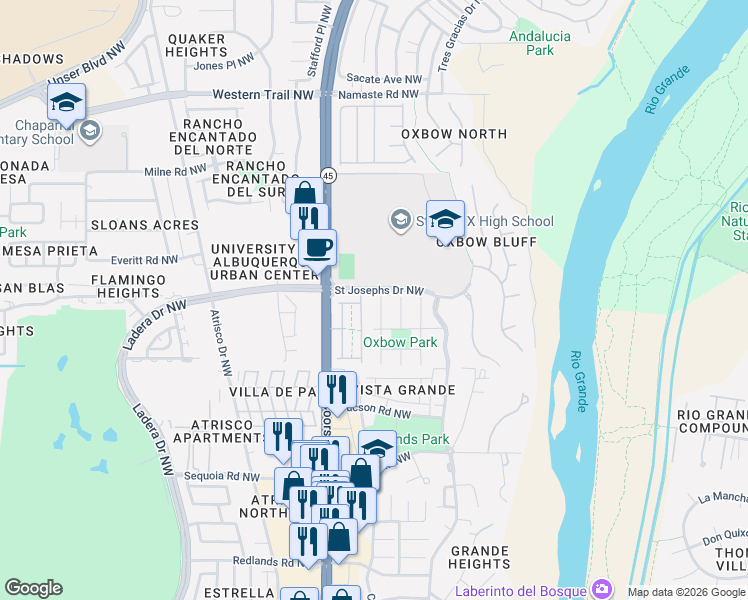 map of restaurants, bars, coffee shops, grocery stores, and more near 3909 Tundra Swan Court Northwest in Albuquerque