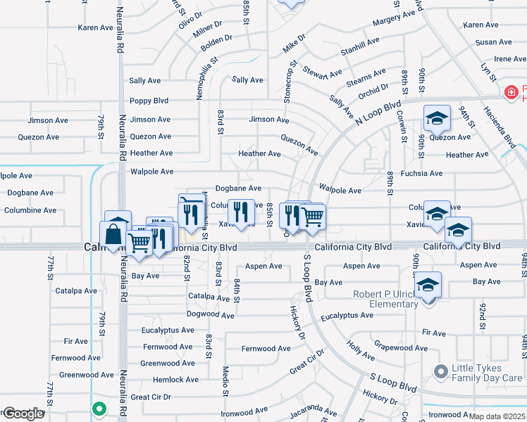 map of restaurants, bars, coffee shops, grocery stores, and more near 21018 85th Street in California City
