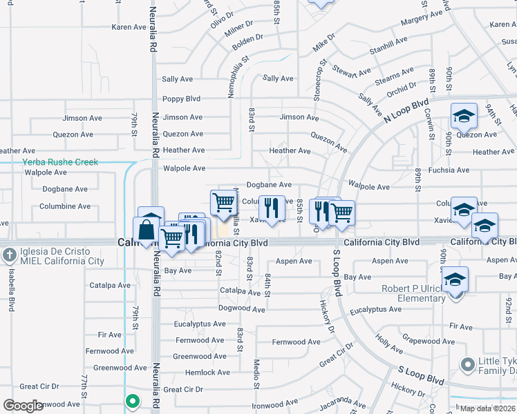 map of restaurants, bars, coffee shops, grocery stores, and more near 8325 Xavier Avenue in California City