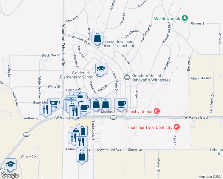 map of restaurants, bars, coffee shops, grocery stores, and more near 21211 Santa Maria Drive in Tehachapi