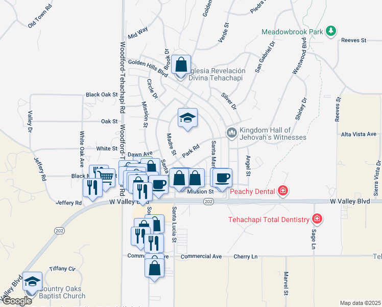 map of restaurants, bars, coffee shops, grocery stores, and more near 21238 Madre Street in Tehachapi