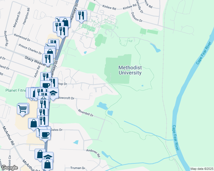 map of restaurants, bars, coffee shops, grocery stores, and more near 334 Tartan Court in Fayetteville